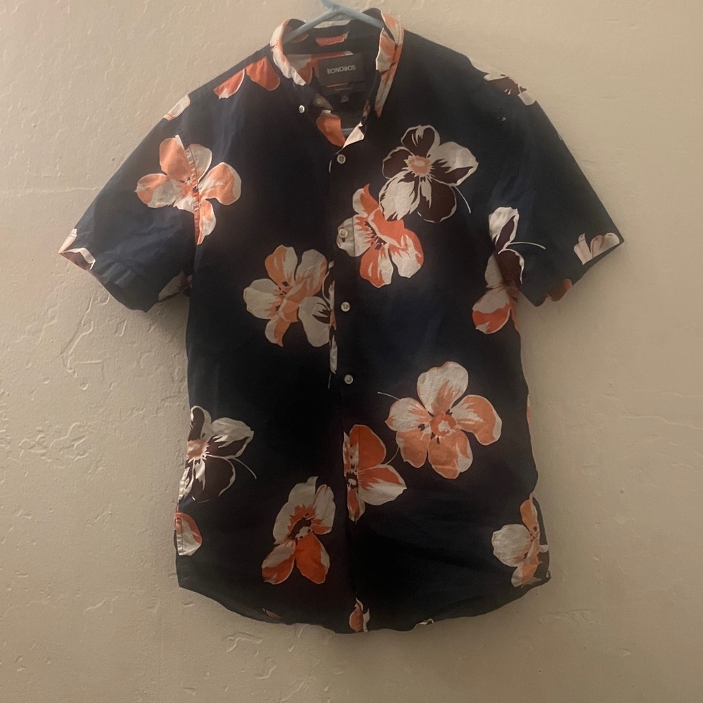 Bonobos Navy Short-Sleeve Floral Button-Down Shirt with Orange & White Blooms
